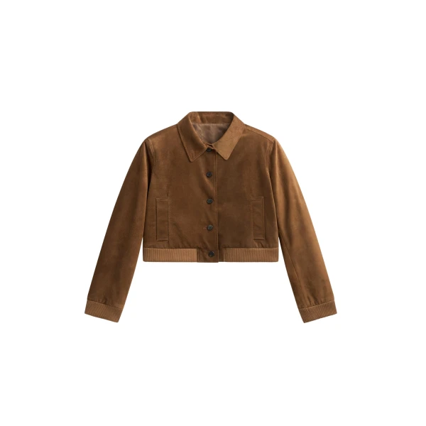 The Frankie Shop Hartford Suede Short Jacket - Dark Camel - Oversized Minimalist Jackets in Beige - Shop at Coveti