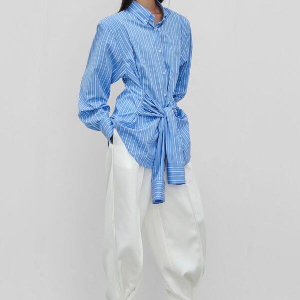 The Frankie Shop Heaton Double-Sleeve Padded Shirt - Blue/White Stripe - Oversized Minimalist Tops in Multicolour - Shop at Coveti