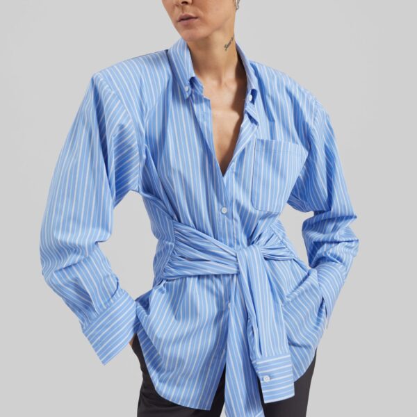 The Frankie Shop Heaton Double-Sleeve Padded Shirt - Blue/White Stripe - Oversized Minimalist Tops in Multicolour - Shop at Coveti