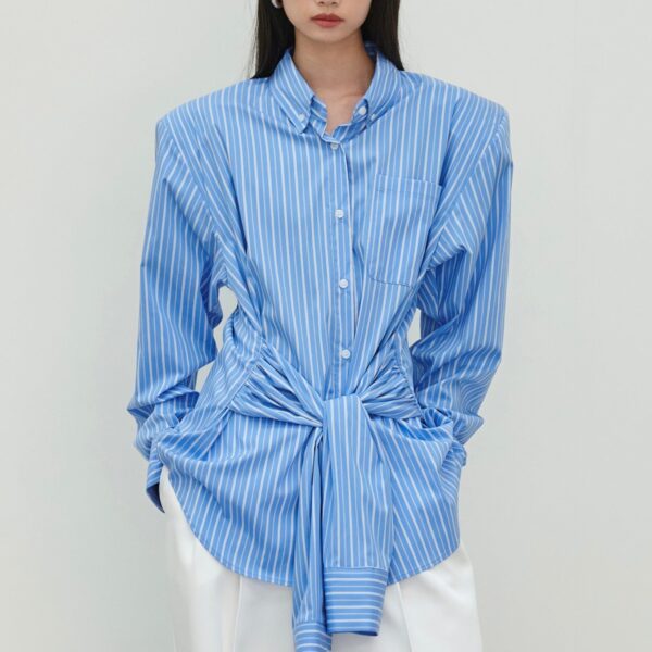 The Frankie Shop Heaton Double-Sleeve Padded Shirt - Blue/White Stripe - Oversized Minimalist Tops in Multicolour - Shop at Coveti