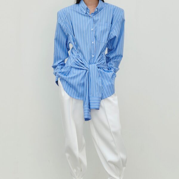 The Frankie Shop Heaton Double-Sleeve Padded Shirt - Blue/White Stripe - Oversized Minimalist Tops in Multicolour - Shop at Coveti