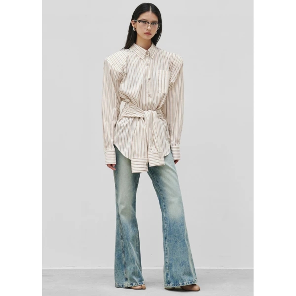 The Frankie Shop Heaton Double-Sleeve Padded Shirt – White/Brown Stripe, view 2