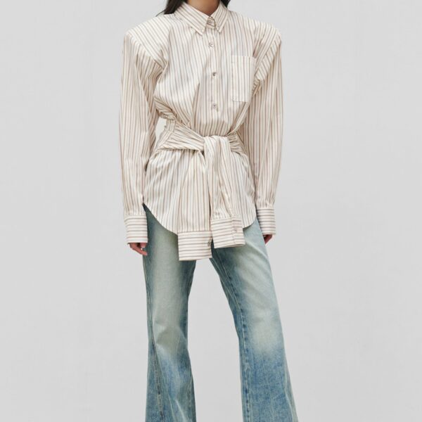 The Frankie Shop Heaton Double-Sleeve Padded Shirt - White/Brown Stripe - Oversized Minimalist Tops in Multicolour - Shop at Coveti