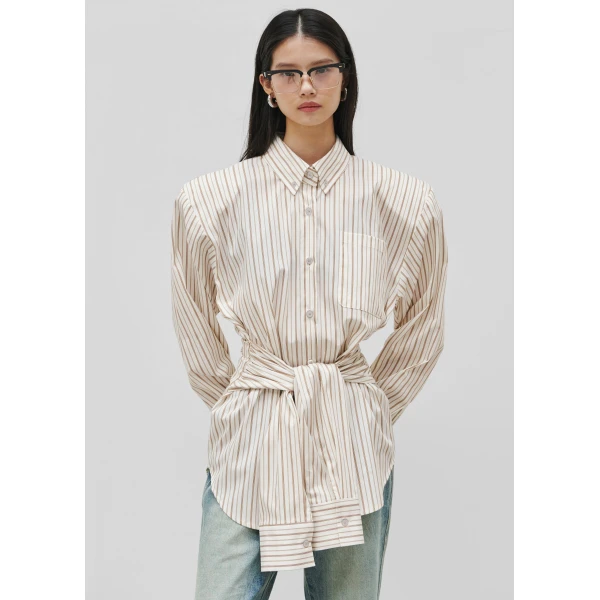 The Frankie Shop Heaton Double-Sleeve Padded Shirt – White/Brown Stripe, view 3