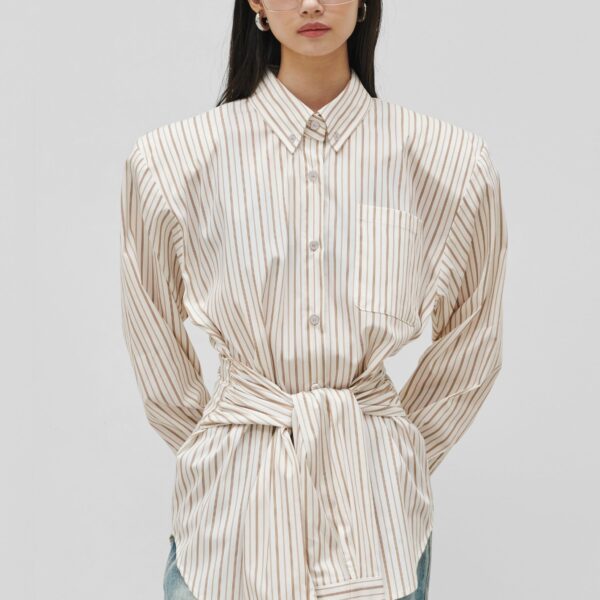 The Frankie Shop Heaton Double-Sleeve Padded Shirt - White/Brown Stripe - Oversized Minimalist Tops in Multicolour - Shop at Coveti