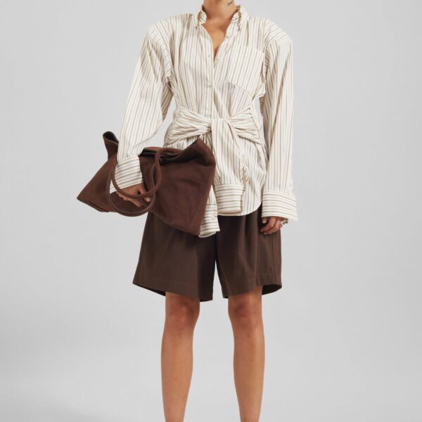 The Frankie Shop Heaton Double-Sleeve Padded Shirt - White/Brown Stripe - Oversized Minimalist Tops in Multicolour - Shop at Coveti