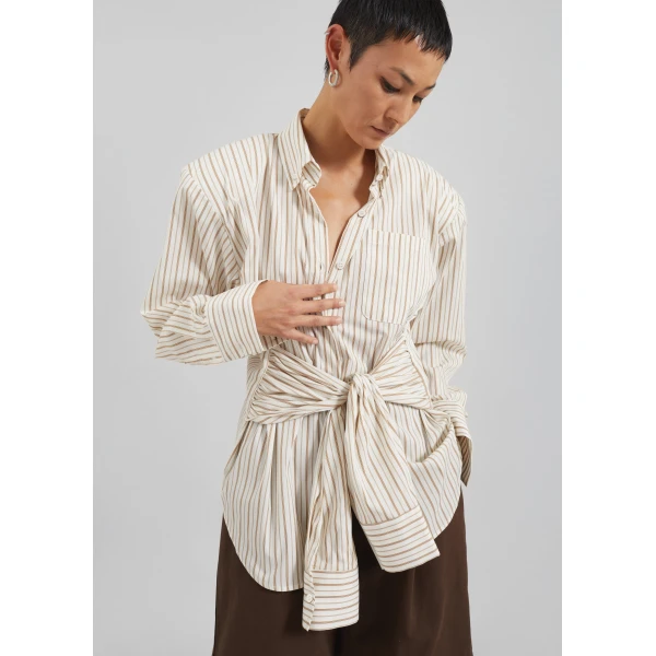 The Frankie Shop Heaton Double-Sleeve Padded Shirt – White/Brown Stripe, view 5