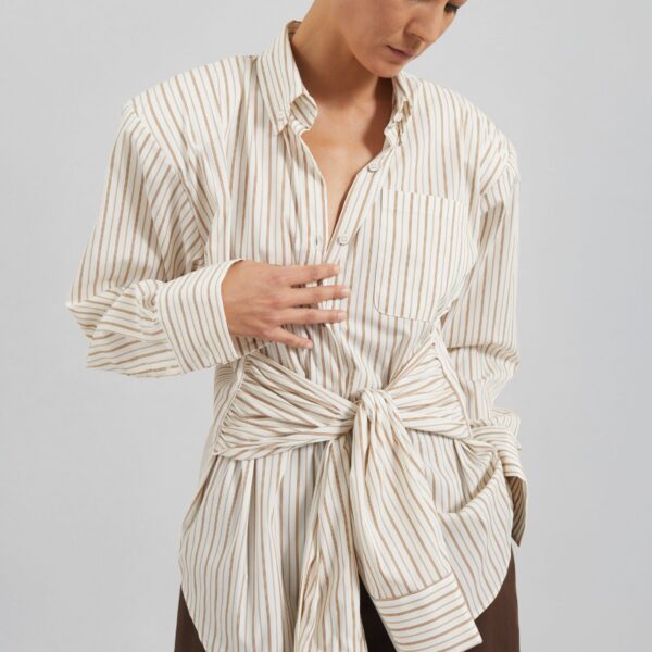 The Frankie Shop Heaton Double-Sleeve Padded Shirt - White/Brown Stripe - Oversized Minimalist Tops in Multicolour - Shop at Coveti