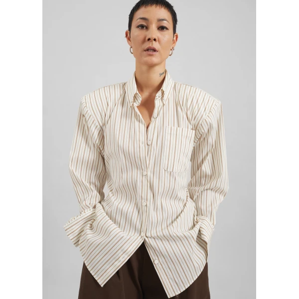 The Frankie Shop Heaton Double-Sleeve Padded Shirt – White/Brown Stripe, view 6