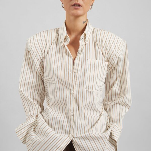 The Frankie Shop Heaton Double-Sleeve Padded Shirt - White/Brown Stripe - Oversized Minimalist Tops in Multicolour - Shop at Coveti