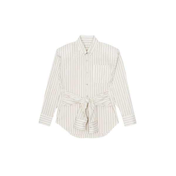 The Frankie Shop Heaton Double-Sleeve Padded Shirt - White/Brown Stripe - Oversized Minimalist Tops in Multicolour - Shop at Coveti