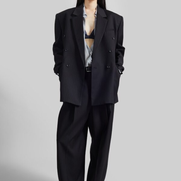 The Frankie Shop Helmond Double-Breasted Blazer - Black Multi Stripe - Oversized Minimalist Jackets in Multicolour - Shop at Coveti