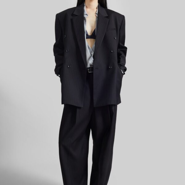The Frankie Shop Helmond Pleated Trousers - Black Multi Stripe - Oversized Minimalist Pants in Multicolour - Shop at Coveti