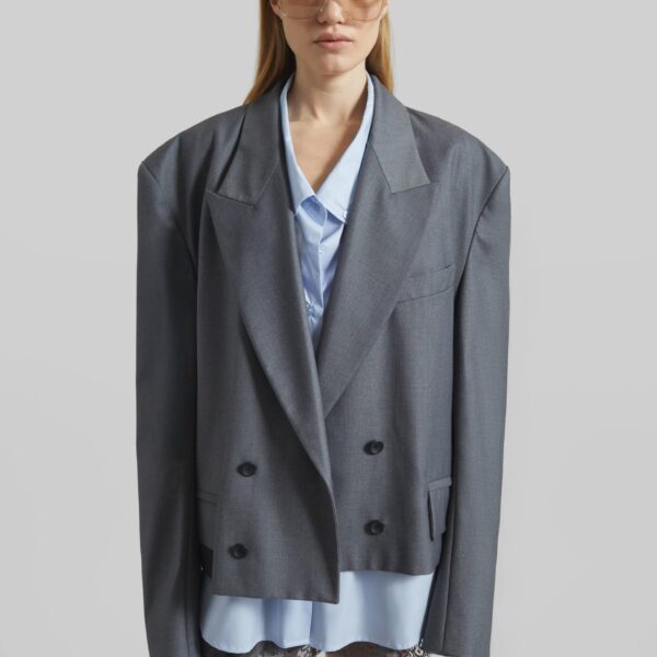 The Frankie Shop Helna Boxy Cropped Blazer - Grey - Oversized Minimalist Jackets in Grey - Shop at Coveti