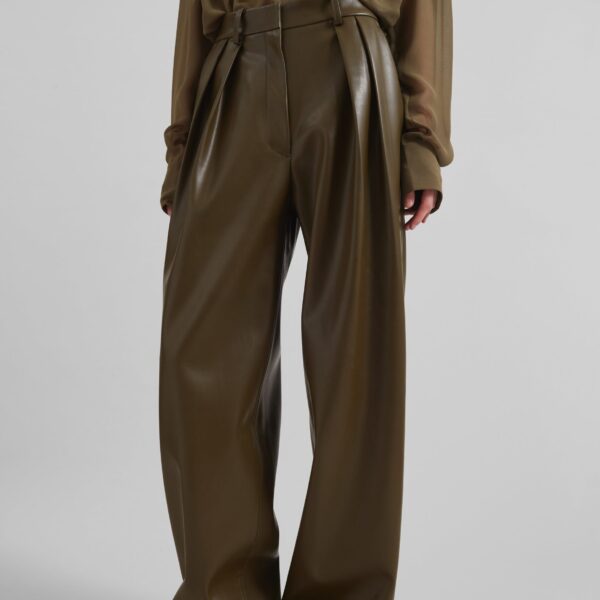 The Frankie Shop Helsinki Faux Leather Pants - Olive - Oversized Minimalist Pants in Green - Shop at Coveti