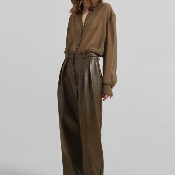 The Frankie Shop Helsinki Faux Leather Pants - Olive - Oversized Minimalist Pants in Green - Shop at Coveti
