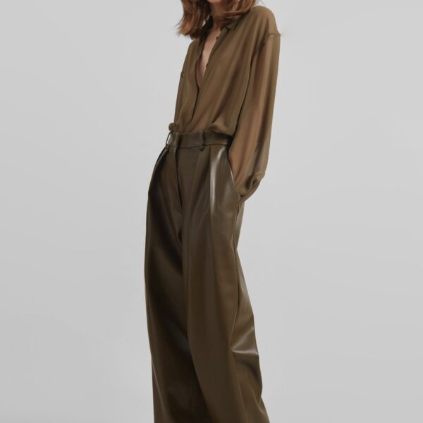 The Frankie Shop Helsinki Faux Leather Pants - Olive - Oversized Minimalist Pants in Green - Shop at Coveti