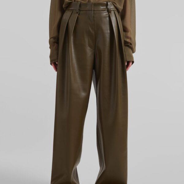 The Frankie Shop Helsinki Faux Leather Pants - Olive - Oversized Minimalist Pants in Green - Shop at Coveti