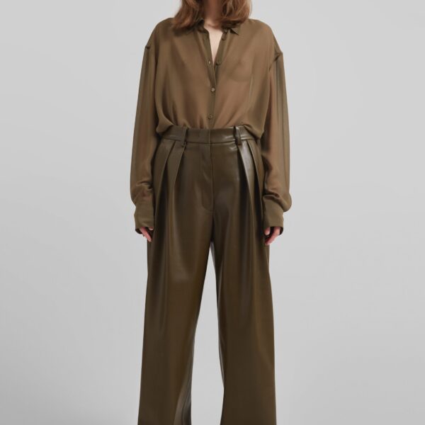 The Frankie Shop Helsinki Faux Leather Pants - Olive - Oversized Minimalist Pants in Green - Shop at Coveti