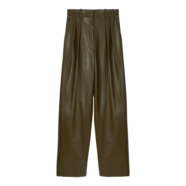 The Frankie Shop Helsinki Faux Leather Pants - Olive - Oversized Minimalist Pants in Green - Shop at Coveti