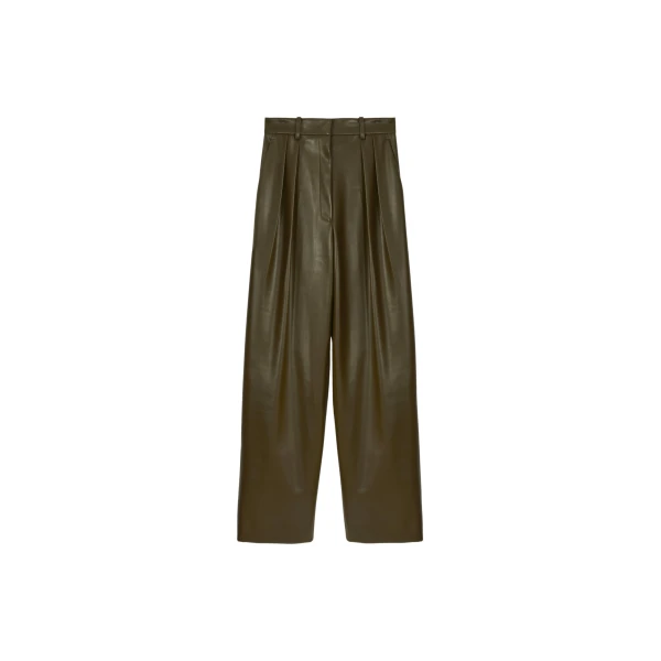 The Frankie Shop Helsinki Faux Leather Pants - Olive - Oversized Minimalist Pants in Green - Shop at Coveti