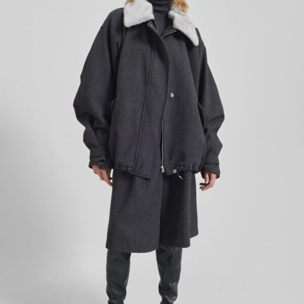The Frankie Shop Hemavan Faux Fur Lined Jacket - Dark Grey - Oversized Minimalist Jackets in Grey - Shop at Coveti