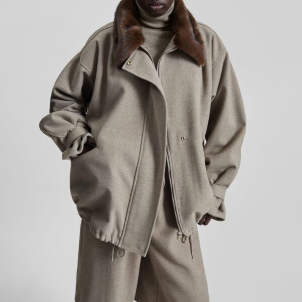The Frankie Shop Hemavan Faux Fur Lined Jacket - Taupe - Oversized Minimalist Jackets in Beige - Shop at Coveti