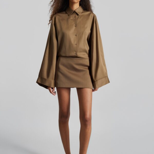 The Frankie Shop Hera Satin Mini Skirt - Brown - Oversized Minimalist Skirts in Beige - Shop at Coveti
