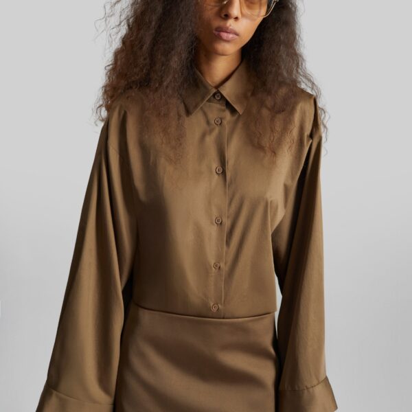The Frankie Shop Hera Satin Mini Skirt - Brown - Oversized Minimalist Skirts in Beige - Shop at Coveti