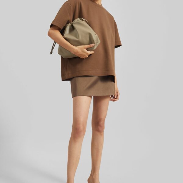 The Frankie Shop Hera Satin Mini Skirt - Brown - Oversized Minimalist Skirts in Beige - Shop at Coveti