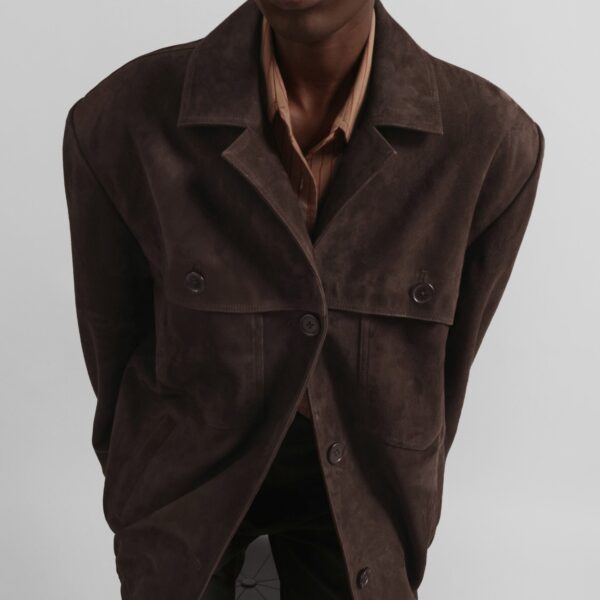 The Frankie Shop Hester Faux Suede Jacket - Brown - Oversized Minimalist Jackets in Beige - Shop at Coveti