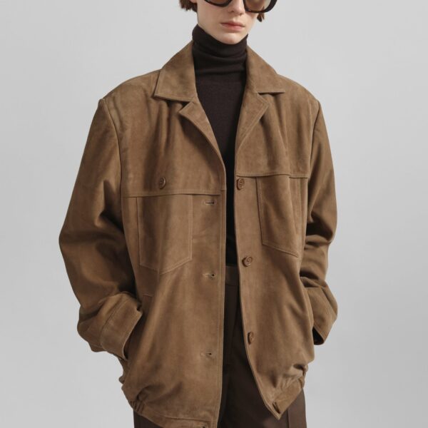 The Frankie Shop Hester Faux Suede Jacket - Camel - Oversized Minimalist Jackets in Beige - Shop at Coveti