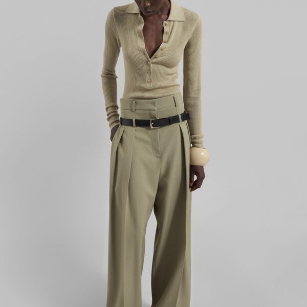 The Frankie Shop Hobart Double Belt Loop Trousers - Pale Olive - Oversized Minimalist Pants in Green - Shop at Coveti