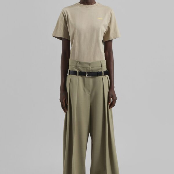 The Frankie Shop Hobart Double Belt Loop Trousers - Pale Olive - Oversized Minimalist Pants in Green - Shop at Coveti