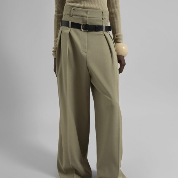 The Frankie Shop Hobart Double Belt Loop Trousers - Pale Olive - Oversized Minimalist Pants in Green - Shop at Coveti