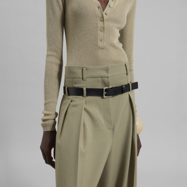 The Frankie Shop Hobart Double Belt Loop Trousers - Pale Olive - Oversized Minimalist Pants in Green - Shop at Coveti