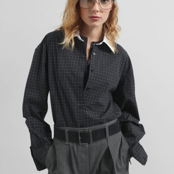 The Frankie Shop Hylan Checked Shirt - Dark Grey - Oversized Minimalist Tops in Grey - Shop at Coveti