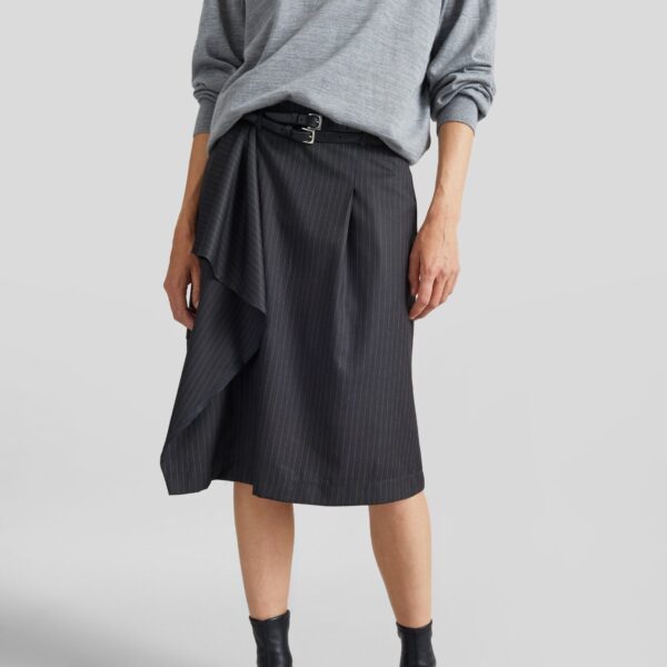 The Frankie Shop Iena Asymmetric Skirt - Charcoal Pinstripe - Oversized Minimalist Skirts in Multicolour - Shop at Coveti