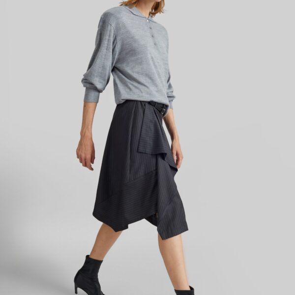 The Frankie Shop Iena Asymmetric Skirt - Charcoal Pinstripe - Oversized Minimalist Skirts in Multicolour - Shop at Coveti