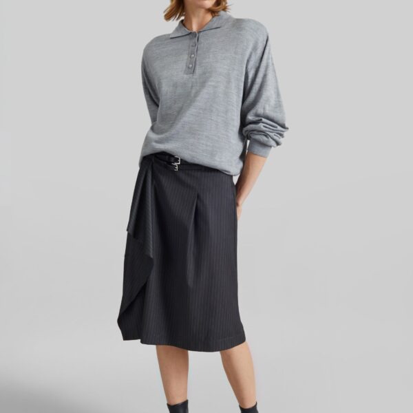 The Frankie Shop Iena Asymmetric Skirt - Charcoal Pinstripe - Oversized Minimalist Skirts in Multicolour - Shop at Coveti