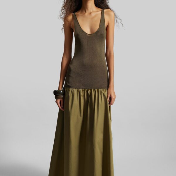 The Frankie Shop Iliya Drop Waist Maxi Dress - Olive - Oversized Minimalist Dresses in Green - Shop at Coveti