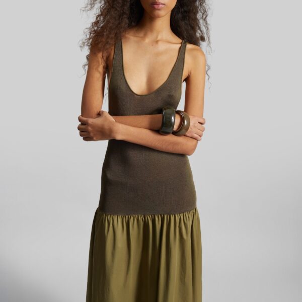 The Frankie Shop Iliya Drop Waist Maxi Dress - Olive - Oversized Minimalist Dresses in Green - Shop at Coveti
