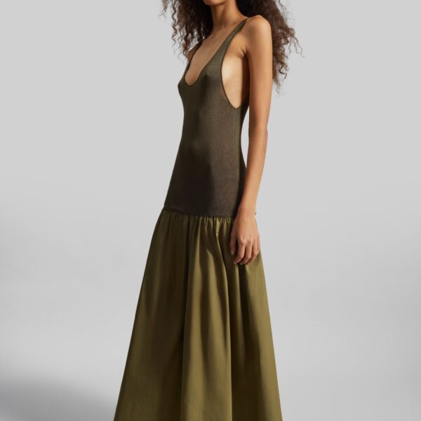The Frankie Shop Iliya Drop Waist Maxi Dress - Olive - Oversized Minimalist Dresses in Green - Shop at Coveti