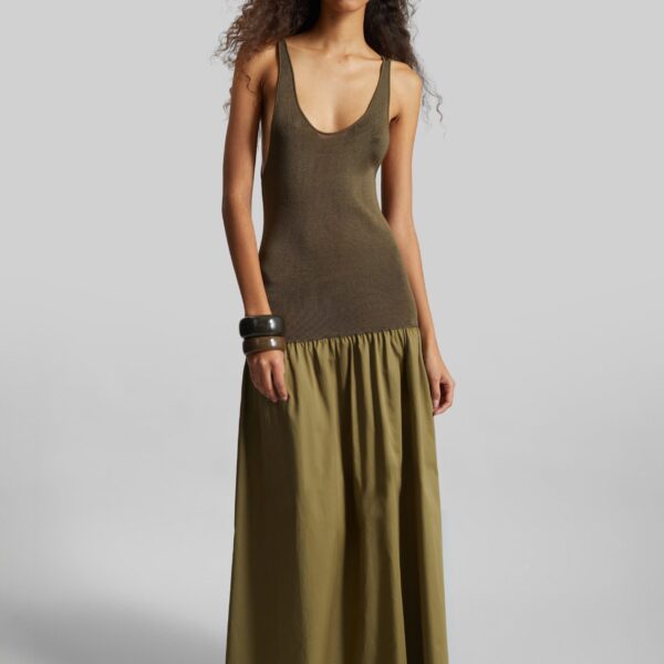 The Frankie Shop Iliya Drop Waist Maxi Dress - Olive - Oversized Minimalist Dresses in Green - Shop at Coveti