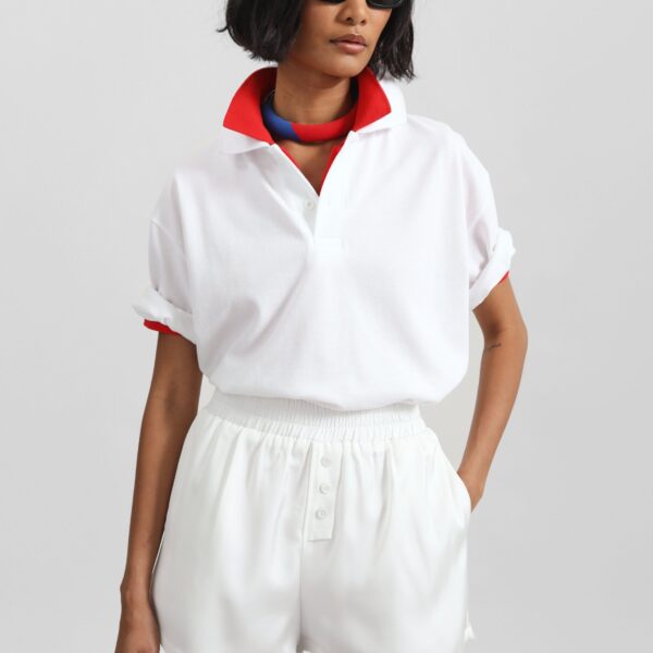 The Frankie Shop Ilsen Satin Boxer Shorts - White - Oversized Minimalist Shorts in White - Shop at Coveti