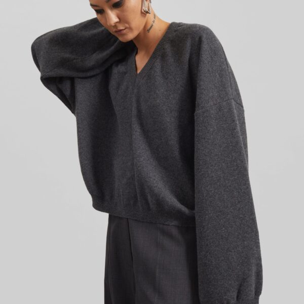The Frankie Shop Ilston V-Neck Sweater - Grey - Oversized Minimalist Knitwear in Grey - Shop at Coveti
