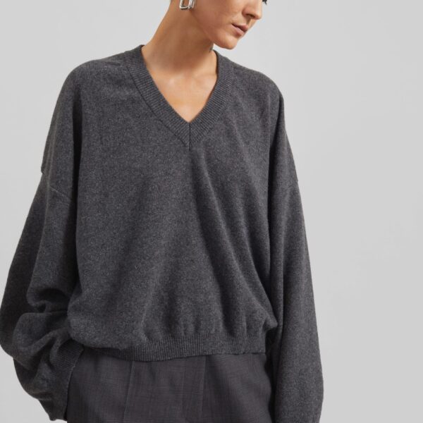 The Frankie Shop Ilston V-Neck Sweater - Grey - Oversized Minimalist Knitwear in Grey - Shop at Coveti