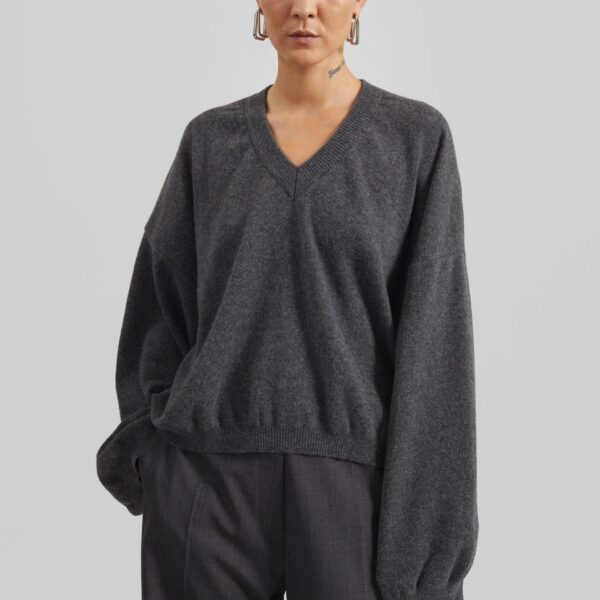The Frankie Shop Ilston V-Neck Sweater - Grey - Oversized Minimalist Knitwear in Grey - Shop at Coveti