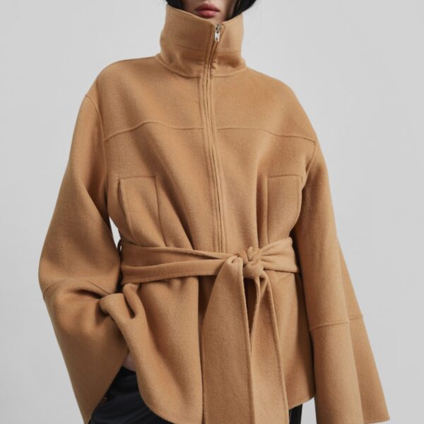 The Frankie Shop Imphal Belted Wool Jacket - Camel - Oversized Minimalist Jackets in Beige - Shop at Coveti
