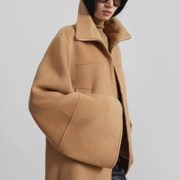 The Frankie Shop Imphal Belted Wool Jacket - Camel - Oversized Minimalist Jackets in Beige - Shop at Coveti